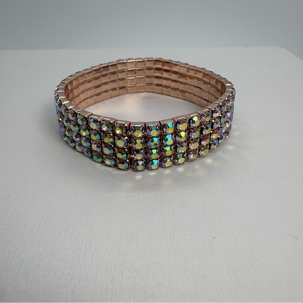 4 Row AB Crystal Rhinestone Stretch Iridescent Wedding Bracelet in Gold Tone